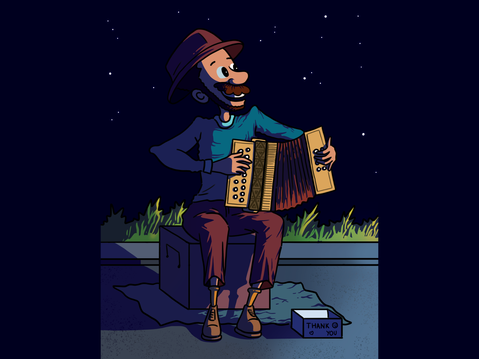 Musician 2d accordion art artist character design design digital art graphic design illustration logo man melody music musician night night street song street winter