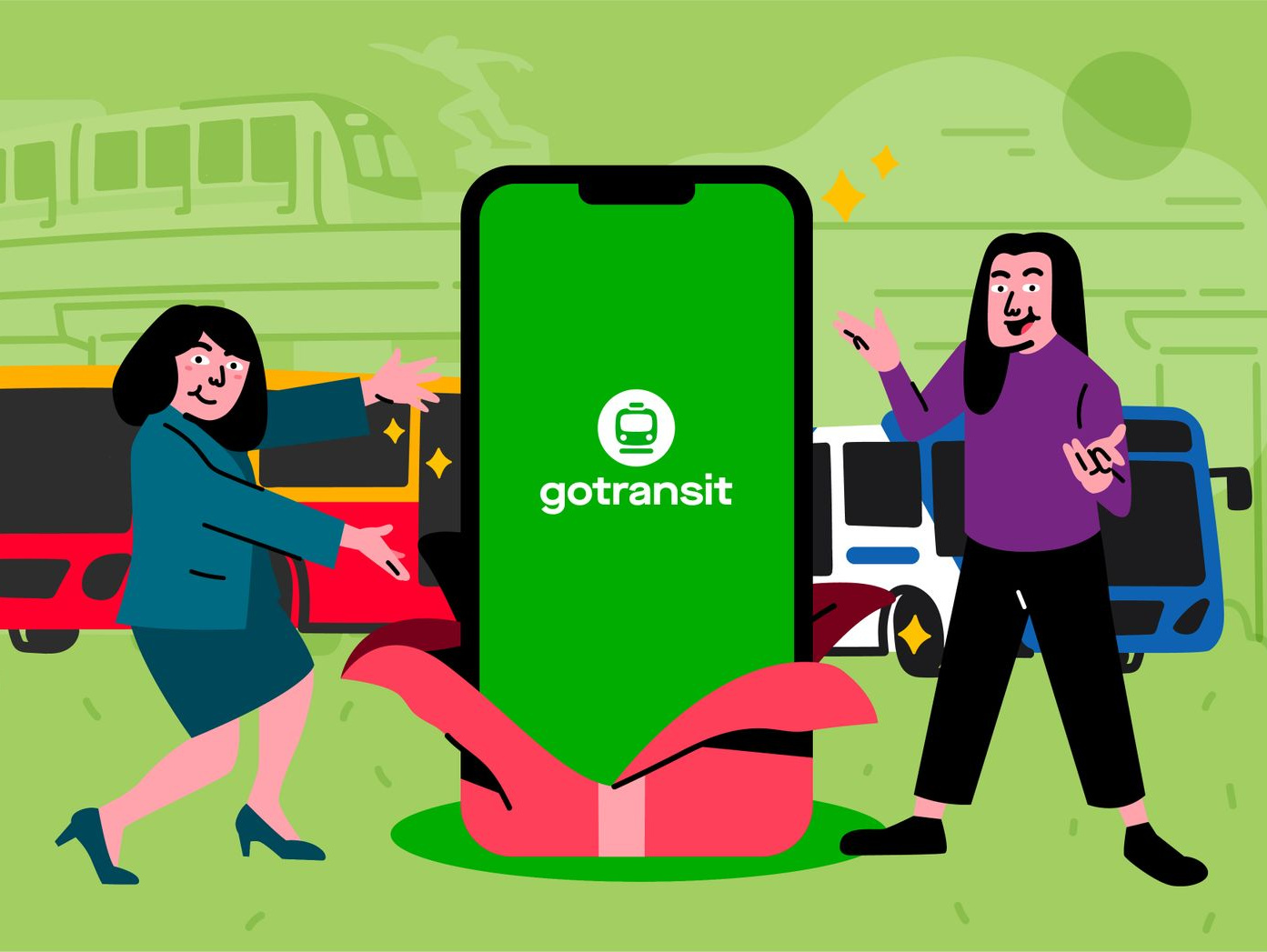  Two people stand on either side of a large smartphone with the GoTransit app on the screen.