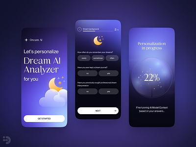 Mobile Application for Dream Analysis using AI app application dark design dream inspiration intro ios loader mobile night onboarding product ui uiux ux