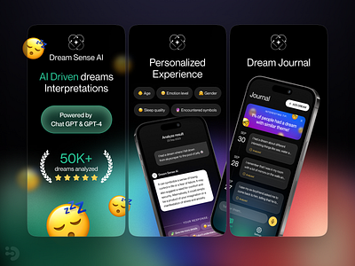 Mobile Application for Dream Analysis using AI abstract app application appstore covers dark dream emoji gradient inspiration ios mobile onboarding smartphone ui uiux ux