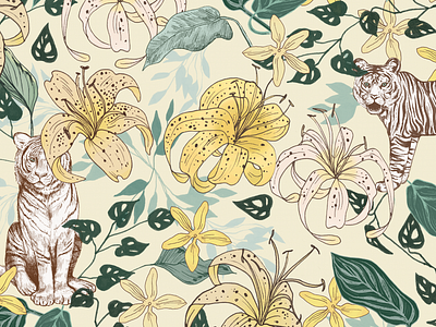 Tiger Lily Surface Pattern Design all over print apparel botanical botanical design fabric print licence floral print flowers hand drawn art home decor illustration lilies monstera pattern design plants seamless pattern stationery surface pattern design textile design tigers tropical
