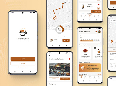 Mobile App for the Rise & Grind Coffee Chain cafe coffee delivery design mobile app order pickup ui ux