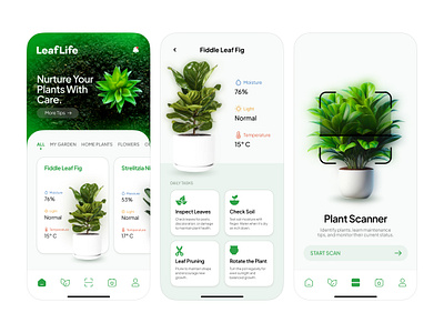 LeafLife, Plant Care App app appdesign application care green lightmode maintenance mobile mobileapp plantcare plants ui uidesign uiuxdesign white