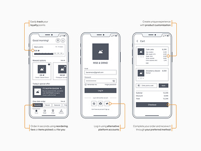 Wireframes of the Rise & Grind App app cafe coffee delivery design low fidelity loyalty menu mobile order pickup ui ux wireframes