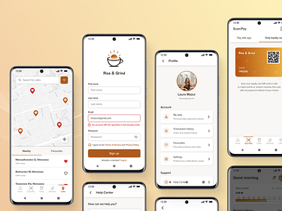 Mobile App for the Rise & Grind Coffee Chain app cafe coffee delivery design loyalty mobile online order pickup register rewards ui ux