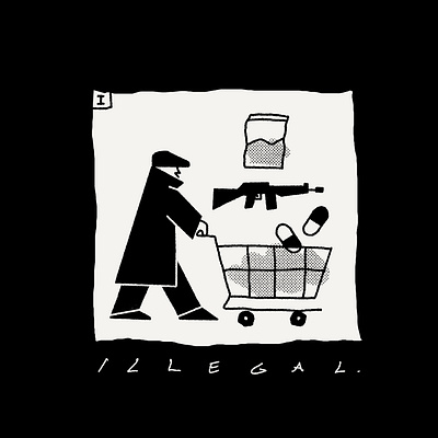 Illegal black and white black market character cocaine dark web drugs flat gangster gun illegal illustration line art lo fi minimal procreate screen tone shopping signage simple typography