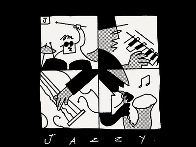 Jazzy band black and white cartoon comic festival flat half tone illustration jazz jazzy line art lo fi minimal music musicians poster screentone simple vintage weird