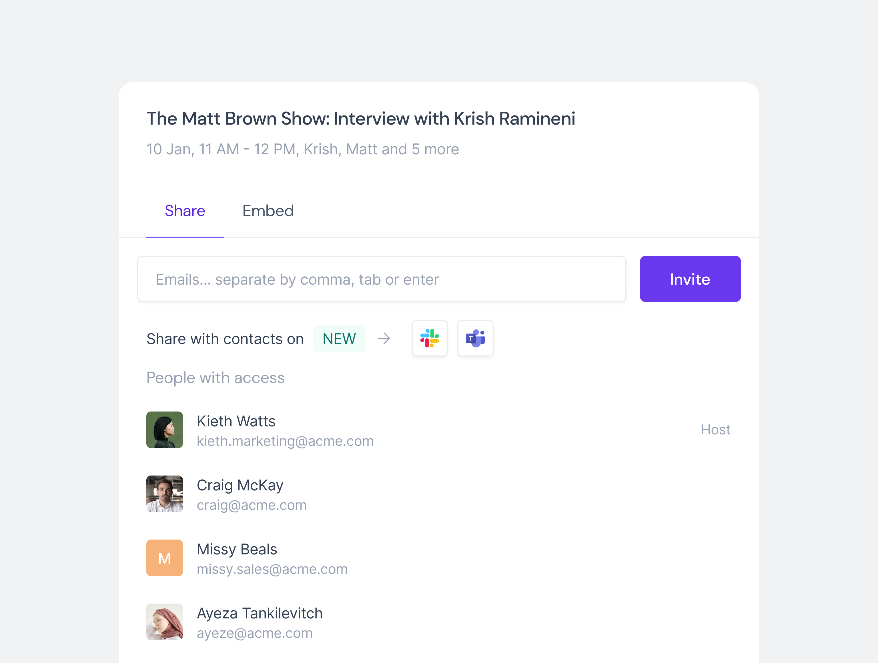 Share Meeting - Modal 👀 ai app clean design design system embed interface invite email meeting modal modern popup purple share share modal share popup ui ux
