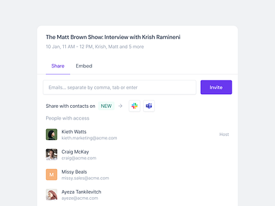 Share Meeting - Modal 👀 ai app clean design design system embed interface invite email meeting modal modern popup purple share share modal share popup ui ux