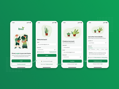 Bud - Plant Care App - Getting Started app design gardening get started green login mobile onboarding plant care plants register skill level ui ux