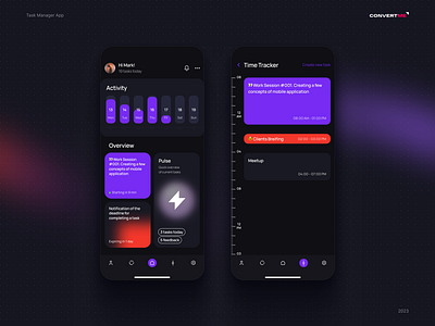 Task Manager App dark theme ios mobile mobile app mobile application orange purple smooth task manager time tracker ui