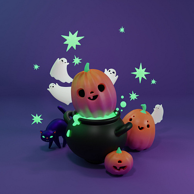 Halloween illustration 3d 3dartist 3dblender 3dillustration 3dmodel blender cat ghost halloween pumpkin