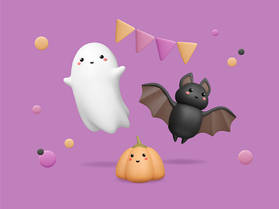 3d Halloween characters 3d bat blender character childish cute face ghost halloween happy party pink plastic pumpkin purple render vector