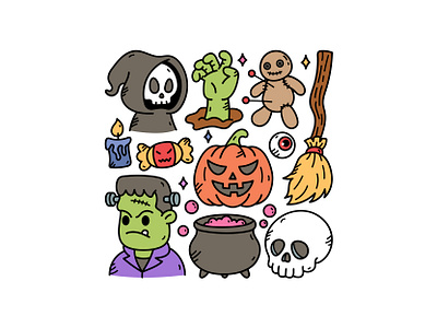 Halloween Doodle Set cute doll doodle halloween icon illustration logo skull vector