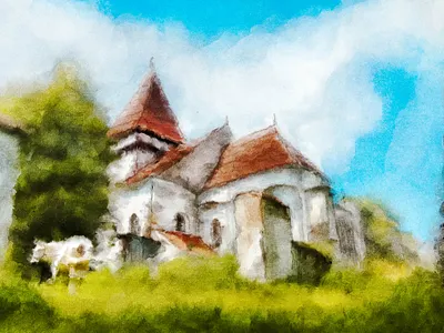 Home blue sky church grass horse landscape medieval painting procreate warm colors watercolor