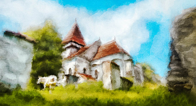 Home blue sky church grass horse landscape medieval painting procreate warm colors watercolor