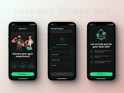 Fitness App Onboarding | Sign Up | Account Setup UX UI branding dark mode dark theme figma fitness fitness app flat ui form form ui illustration landing log in material ui notifications onboarding sign in sign up ui ui ux vector