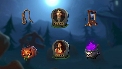 ‘Scary Ways to Die’ Slot — Amazing Icons Animation cauldron cemetery characters animation festive gravestones halloween slot halloween themed horrorslot icons animation motion graphics mystic noose pumpkins scary slot icons slot online spooky treatortrick vampire witch