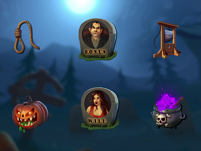 ‘Scary Ways to Die’ Slot — Amazing Icons Animation cauldron cemetery characters animation festive gravestones halloween slot halloween themed horrorslot icons animation motion graphics mystic noose pumpkins scary slot icons slot online spooky treatortrick vampire witch