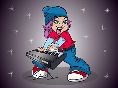 A funny girl plays the synthesizer. Character design logo