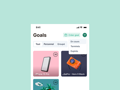 Goals saving plans app - list of goals design ui ux