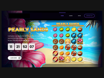 Logo Design and Home page composition for a slot game beach composition exotic game golden logo graphic design home page logo design ocean pearly sands slot slot game tropical