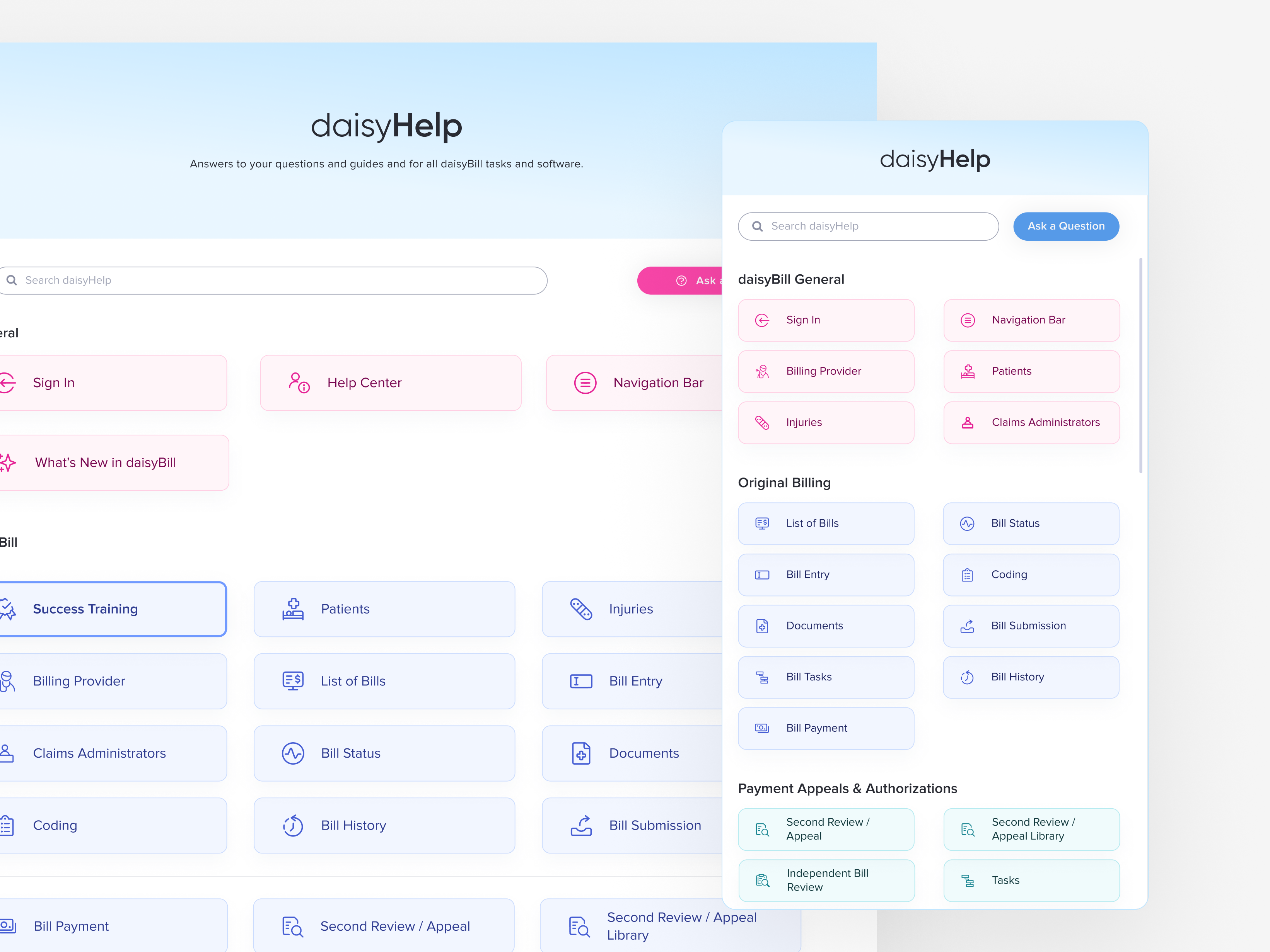 Daisybill - Help Center accounting buttons cards customer service ebilling help center medical product design ui workers comp