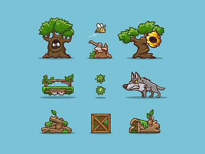 Game objects art axe bee box casual style forest game game art game design game objects hive icons illustration log stump web wolf