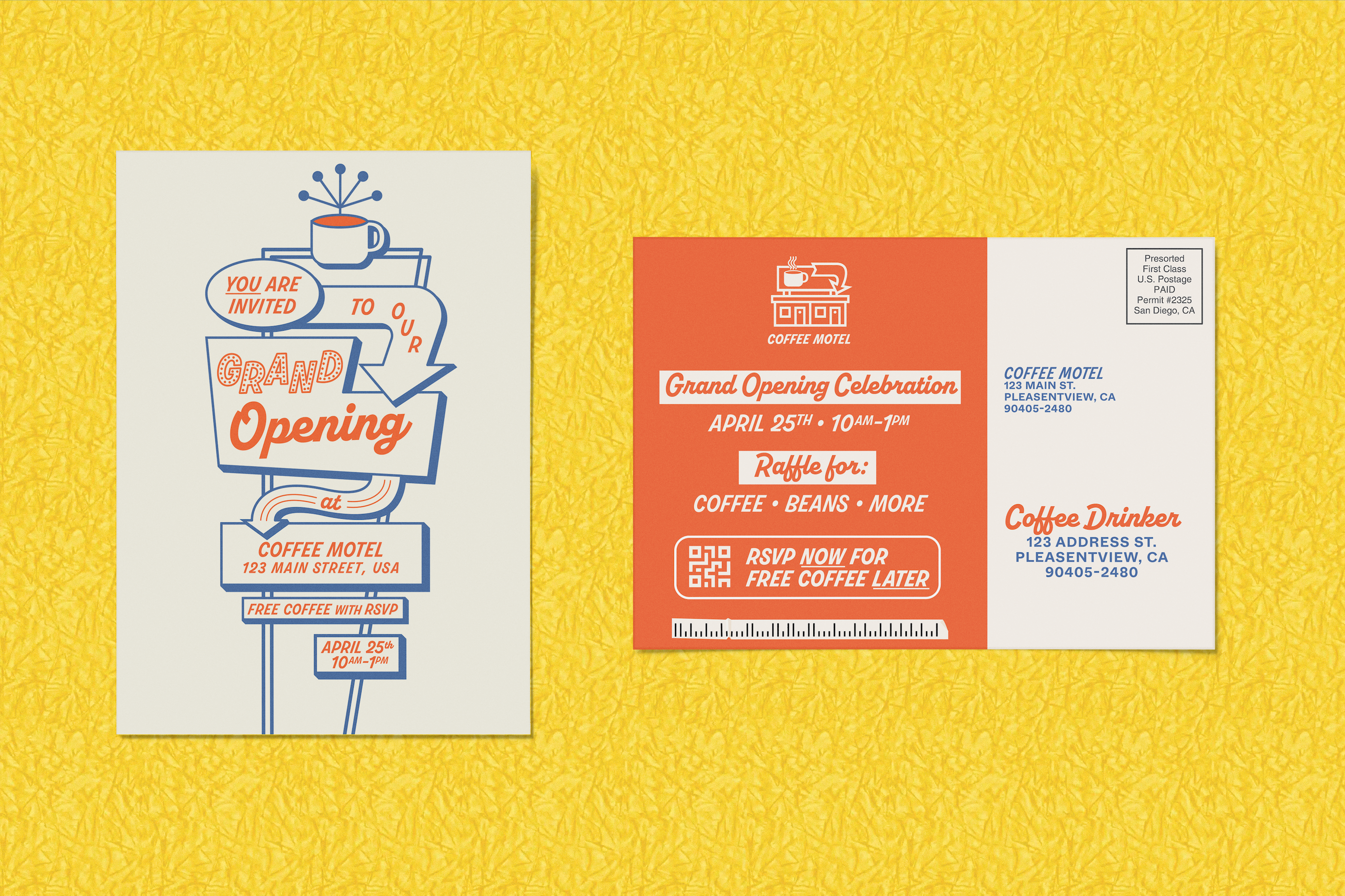 Motel Themed Coffee Shop Postcard branding coffee shop direct mailer grand opening illustration indesign mcm mid century motel motel sign postcard procreate roadside vintage