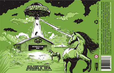 Waredaca Brewing Interstellar Ride Label abduction aliens beer beer label brewery craft beer drawing equine farm flying saucer hand drawn horror horse horses illustration line art procreate scifi space ufo