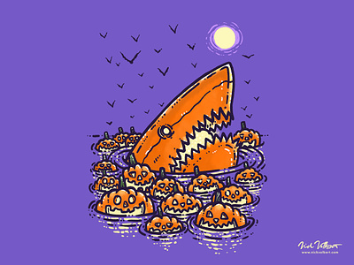 Jack O'Lantern Shark bats great white shark halloween horror illustration moon pumpkin scary shark spooky