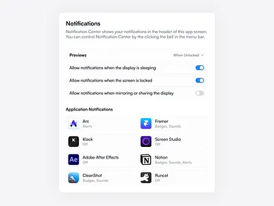 Notification Settings arc card dashboard design figma framer klack logo notification notion product product design screen studio ui web