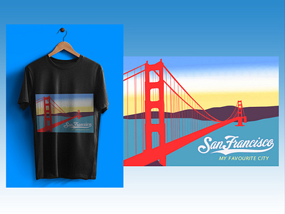 Illustration on a T-shirt Golden Gate Bridge black t shirt blue bridge city city skyline golden gate bridge graphic design illustration red san francisco skyline stamp sunrise sunset t shirt t shirt design t shirt stamp travel usa