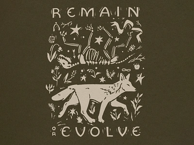 remain or evolve evolve faunae flora fox illustration leaves life lino lino cut nature plants print print design remain screen print skeleton stars