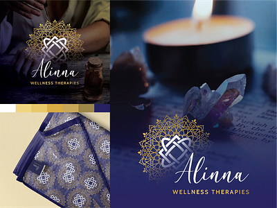 Alinna Wellness Therapies Logo Design body brand colors design feminine golden healing holistic logo meditation mind pattern reiki royal blue sacred soul therapy wellness white yoga