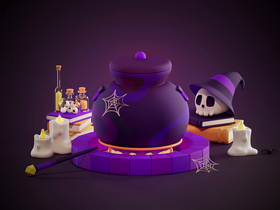 Witch's Cauldron 3d animation candles cauldron creepy eyeball halloween illustration motion graphics skull spider spooky thelittlelabs wand web witch