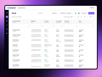 B2B Card issuing platform card issue dashboard fintech table ui webapp