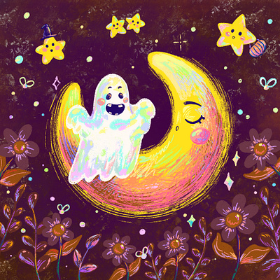 Ghost and Moon art color colorful cute ghost design digital digital art ghost girlsart halloween illustration moon party procreate sleeping