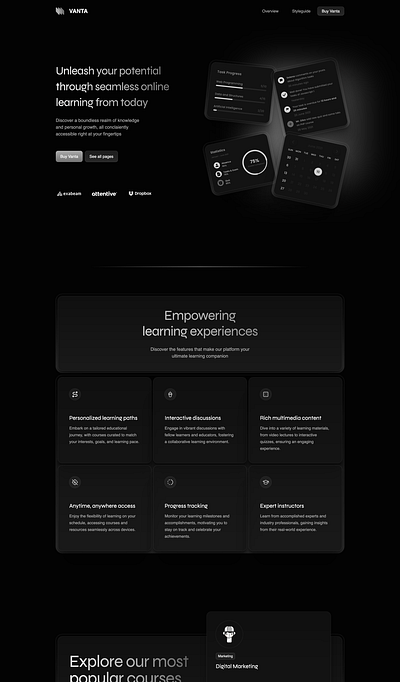 Vanta -E-Learning multipage theme. cards css darkmode elearning multipage tailwind theme