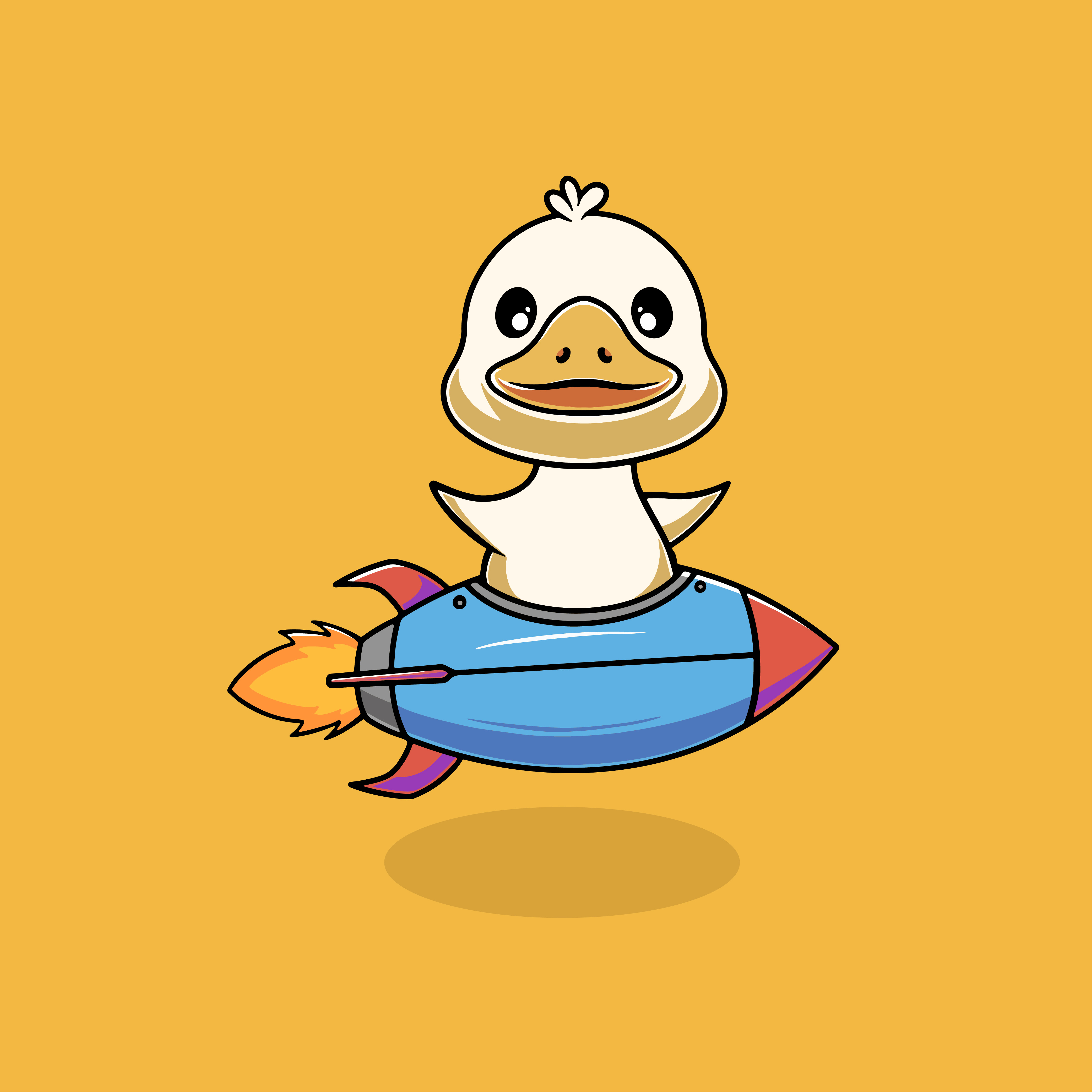 Cute duck riding rocket illustration branding graphic design smile