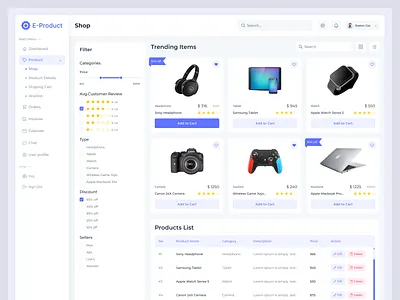 E-Commerce Dashboard Shop Page dashboard dashboard design e commerce e commerce design e commerce shop e shop list market market place marketing modern dashboard ui online shop online store product product design sell shop shopping store uxui