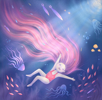 curious girl and other friends from the underwater world book draing book illustration cartoon character digital digital draw drawing girl illustration kids book ocean procreate sea underwater