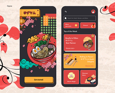 Japanese themed food delivery UI - YuzuYum! 🍣🍜🍱 branding dailyui design designpatterns graphic design illustration landing page ui uidesign uiux