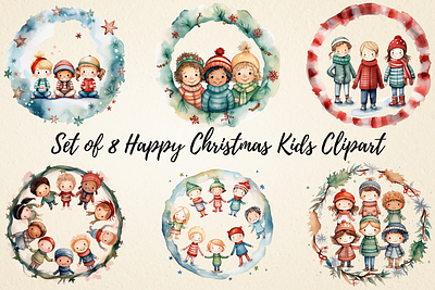 Happy Christmas Kids Watercolor Clipart mugs