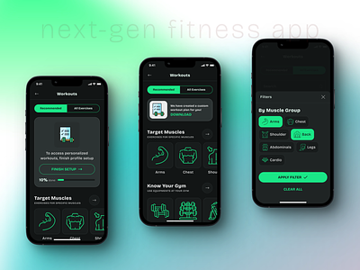 Gym Fitness Tracking App | Workouts | Filters UX UI Design dark mode dark theme design figma filters fitness fitness app flat ui illustration ios app ios ui ios ui design mobile mobile app product design typography ui ui ux workouts workouts app