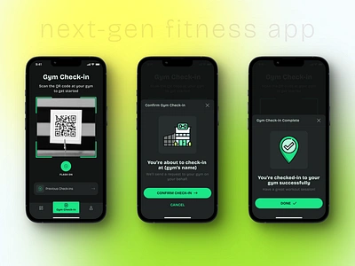 Gym Fitness Tracking App | Gym Check-in UX UI Design check in dark mode dark theme design figma flat ui gym gym app gym app ui illustration mobile product design qr code qr code ui scan qr code typography ui ui ux workouts