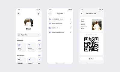 User profile in university app with personal docs and cards app card dailyui design mobile profile ui university