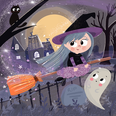The witch and the black cat black cat children s illustration cute girl digital illustration halloween happywibes helloween illustration procreate the witch