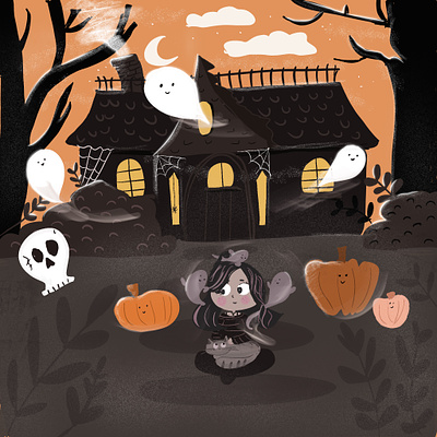 Haunted house and ghosts children s illustration cute girl digital illustration ghosts halloween haunted house illustration night drawing procreate pumpkin