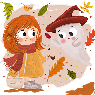 Little happy ghost and fall time children s illustration cute girl digital illustration fall ghost halloween happywibes illustration procreate